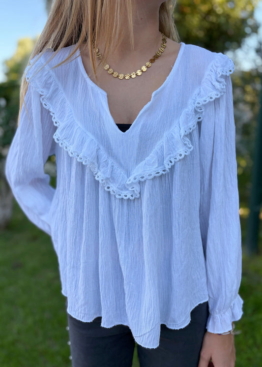 Blusa com Decote em V e Folho