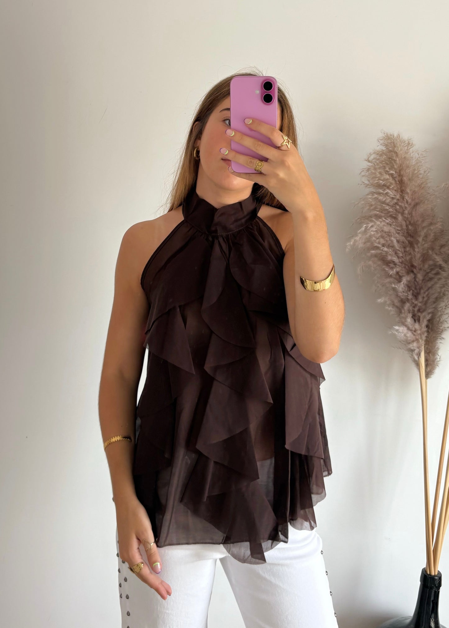 Blusa de Gola Alta com Folhos