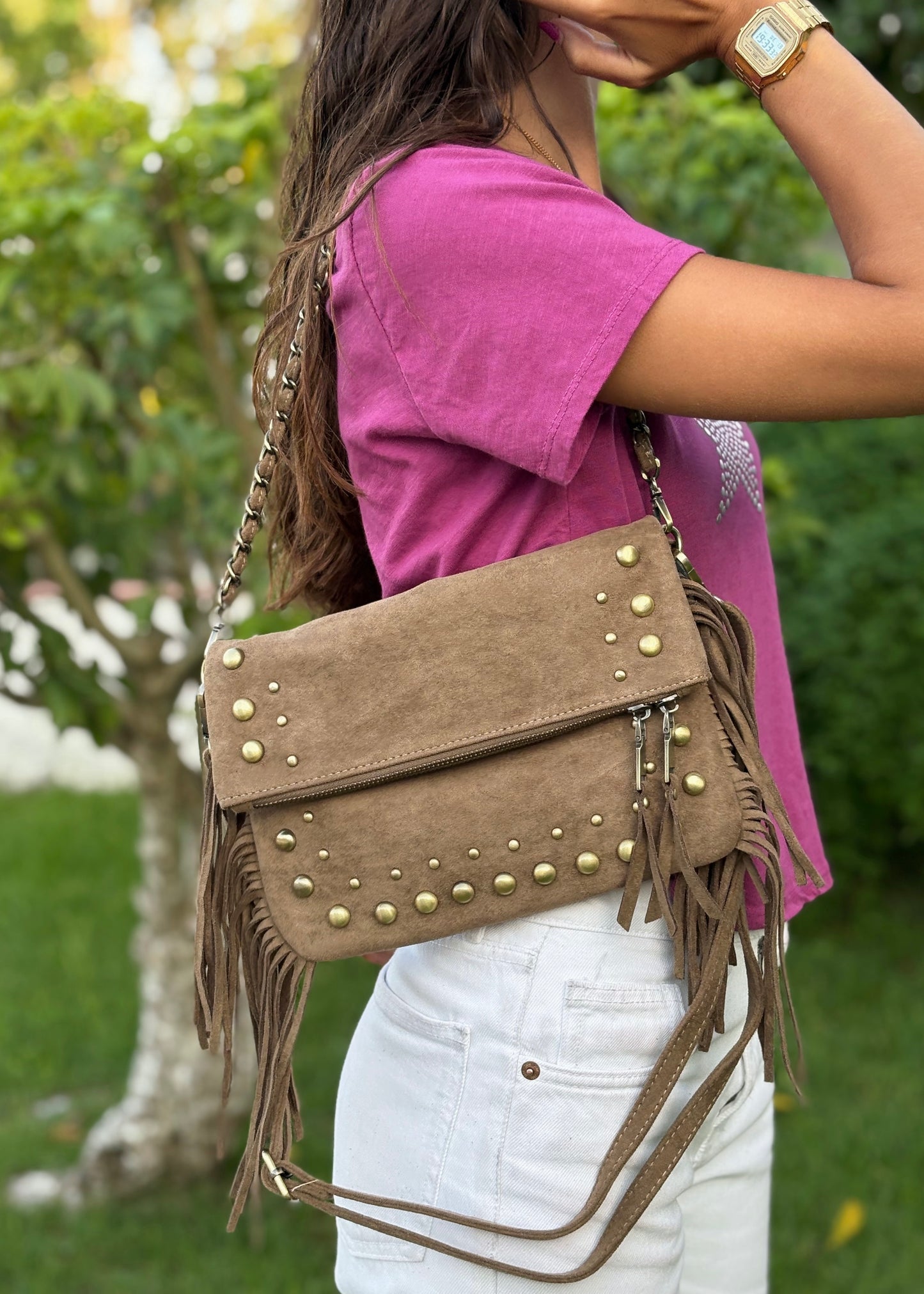 Mala Envelope com Franjas e Tachas