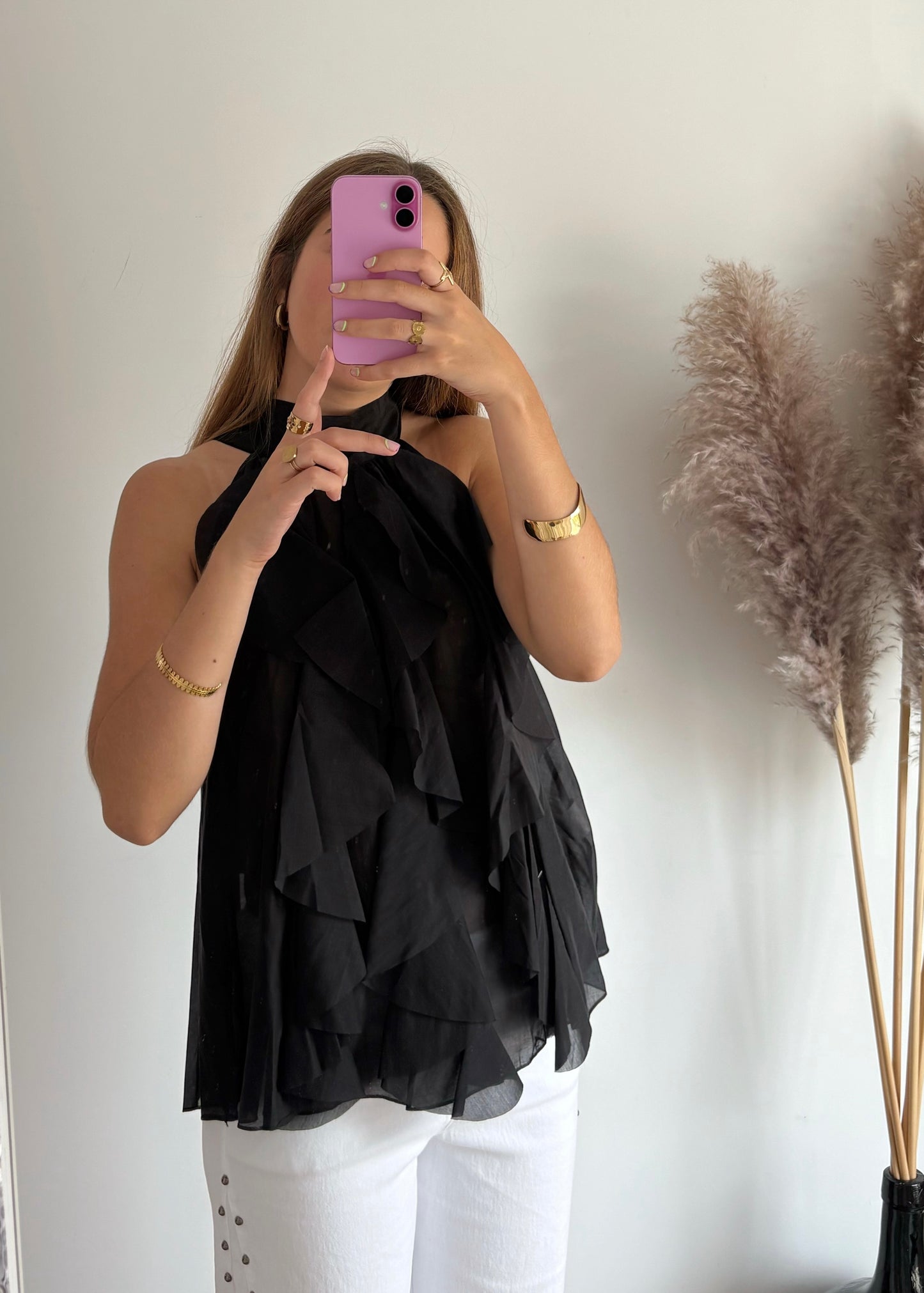 Blusa de Gola Alta com Folhos