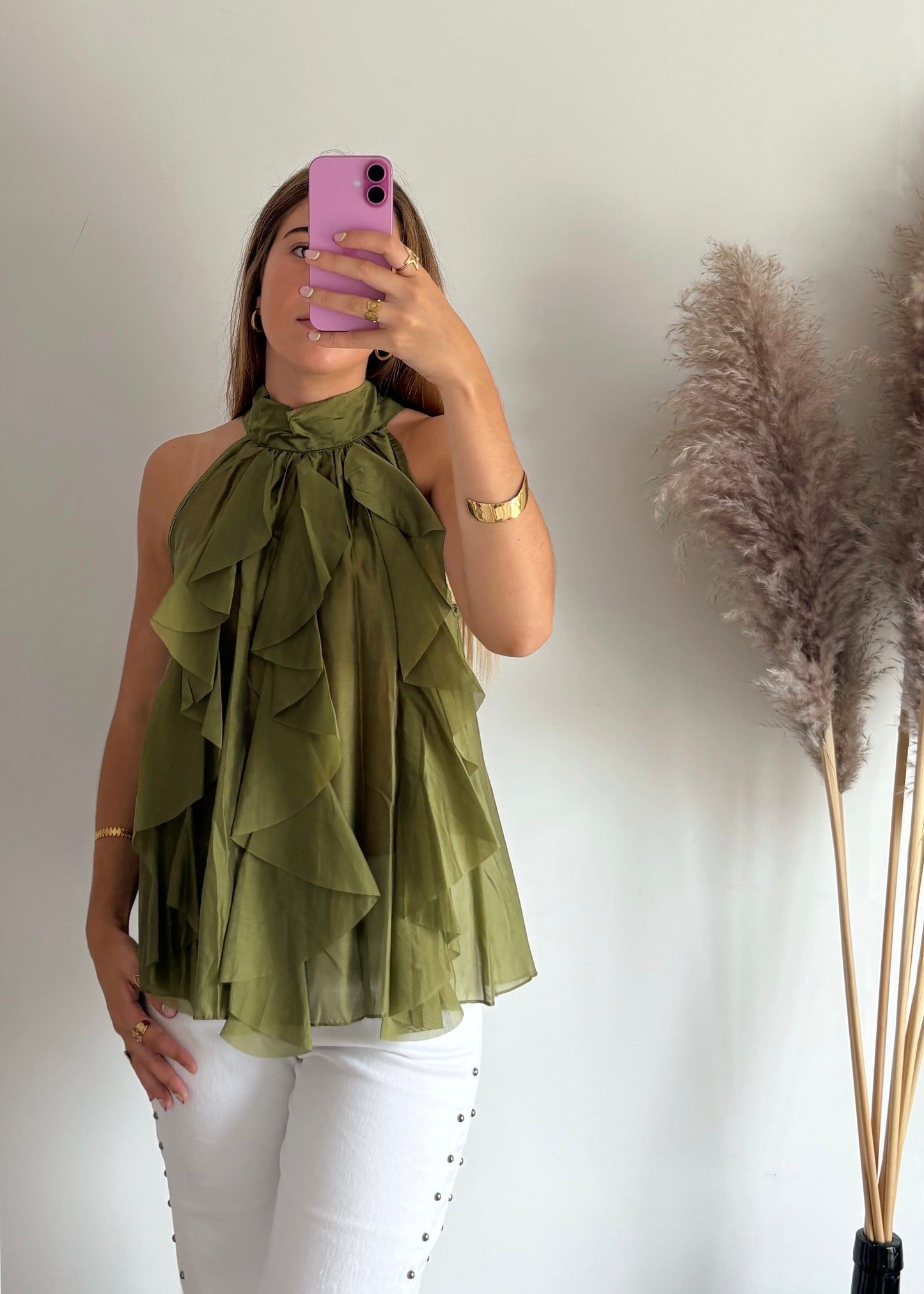 Blusa de Gola Alta com Folhos
