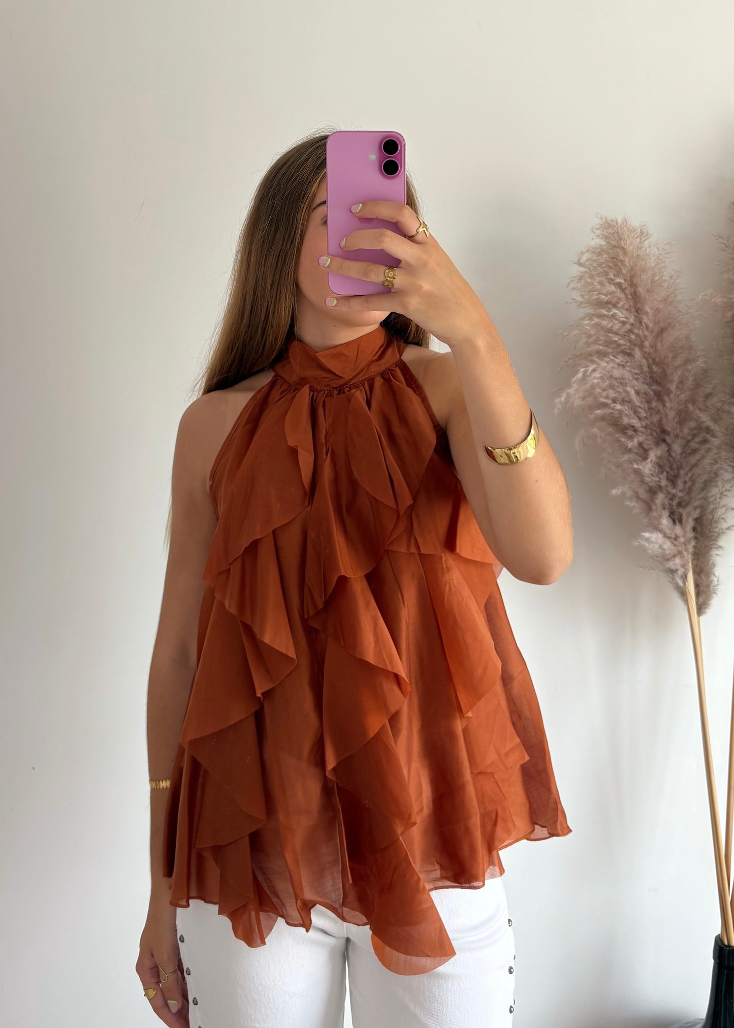 Blusa de Gola Alta com Folhos