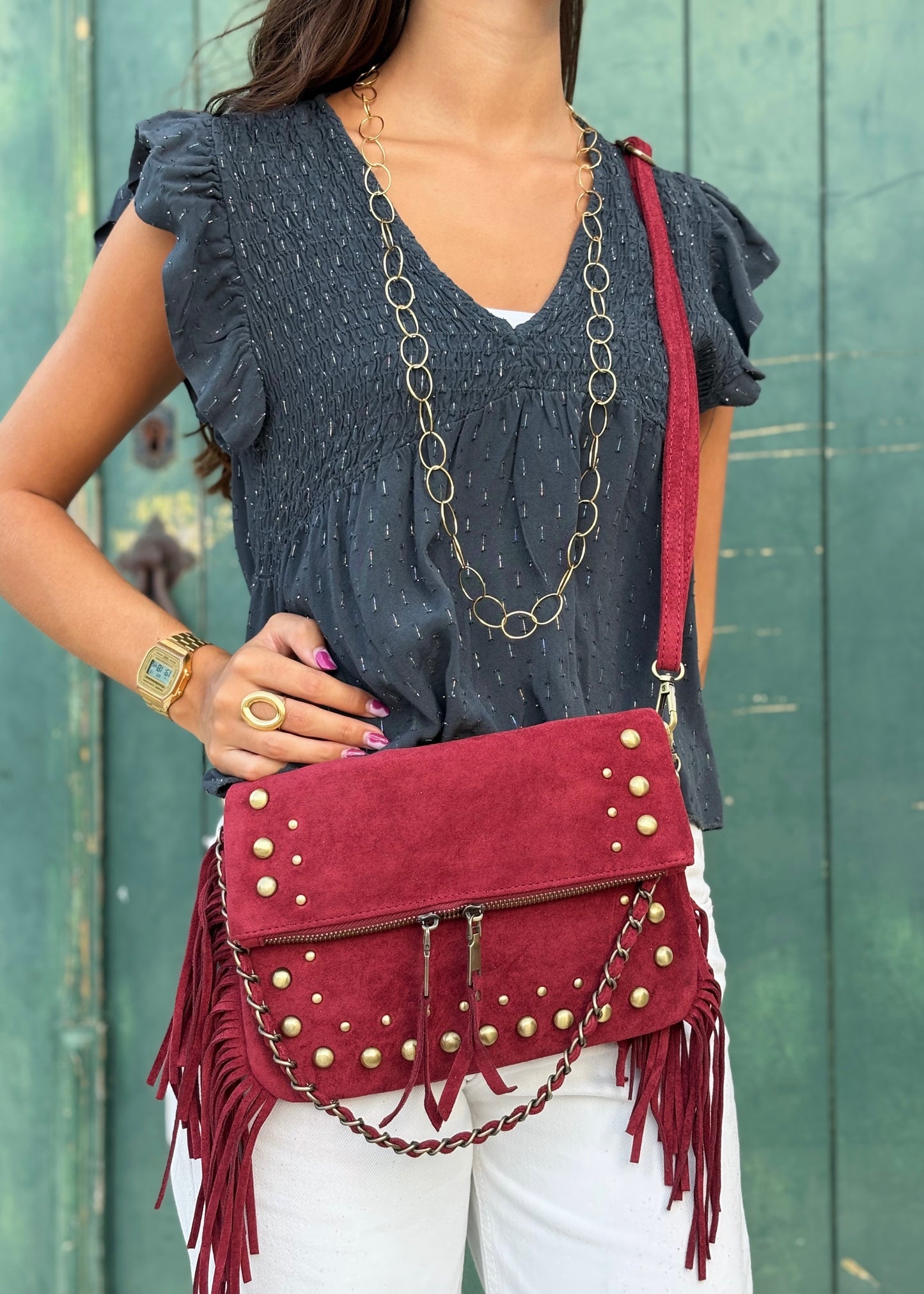 Mala Envelope com Franjas e Tachas