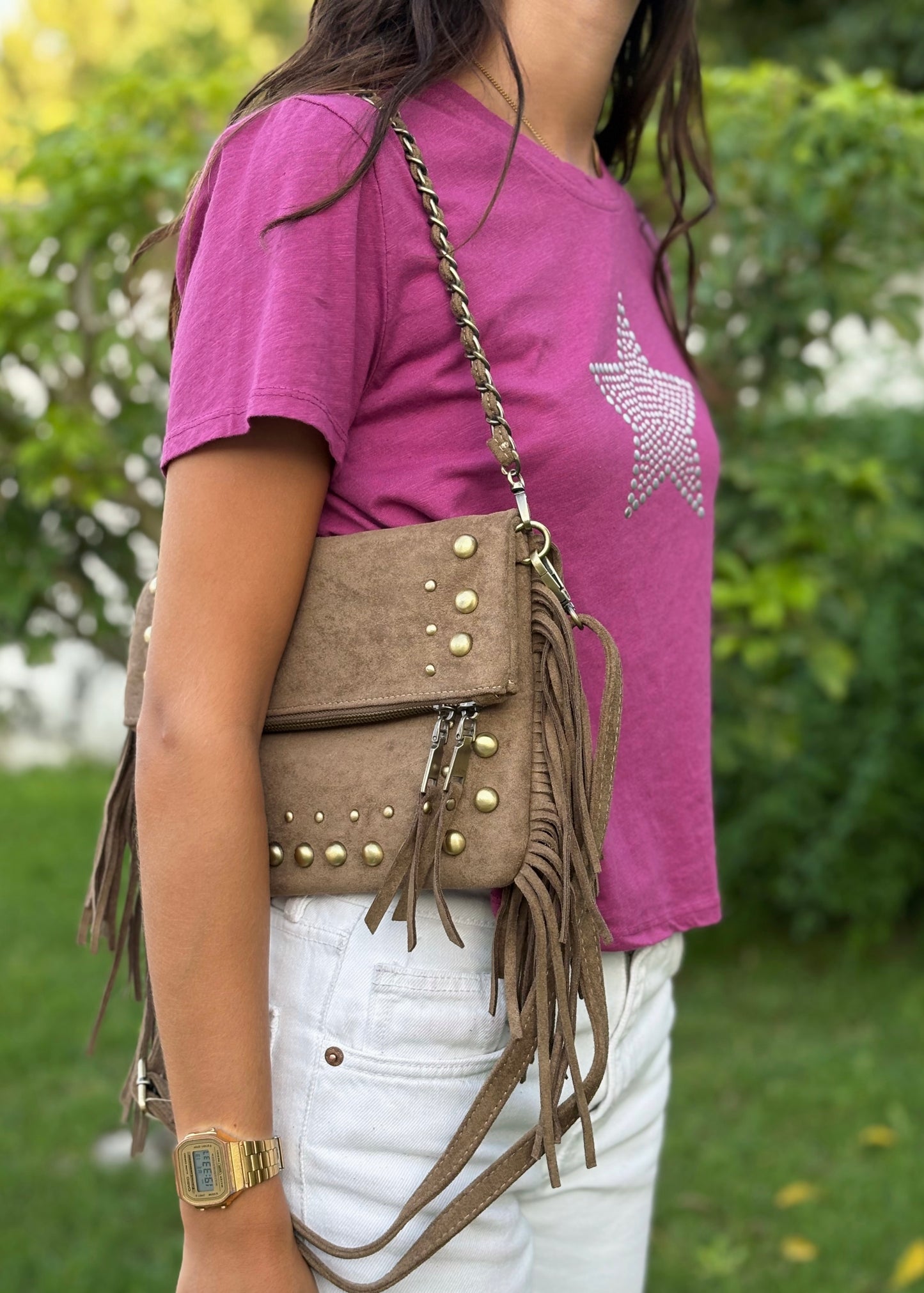 Mala Envelope com Franjas e Tachas