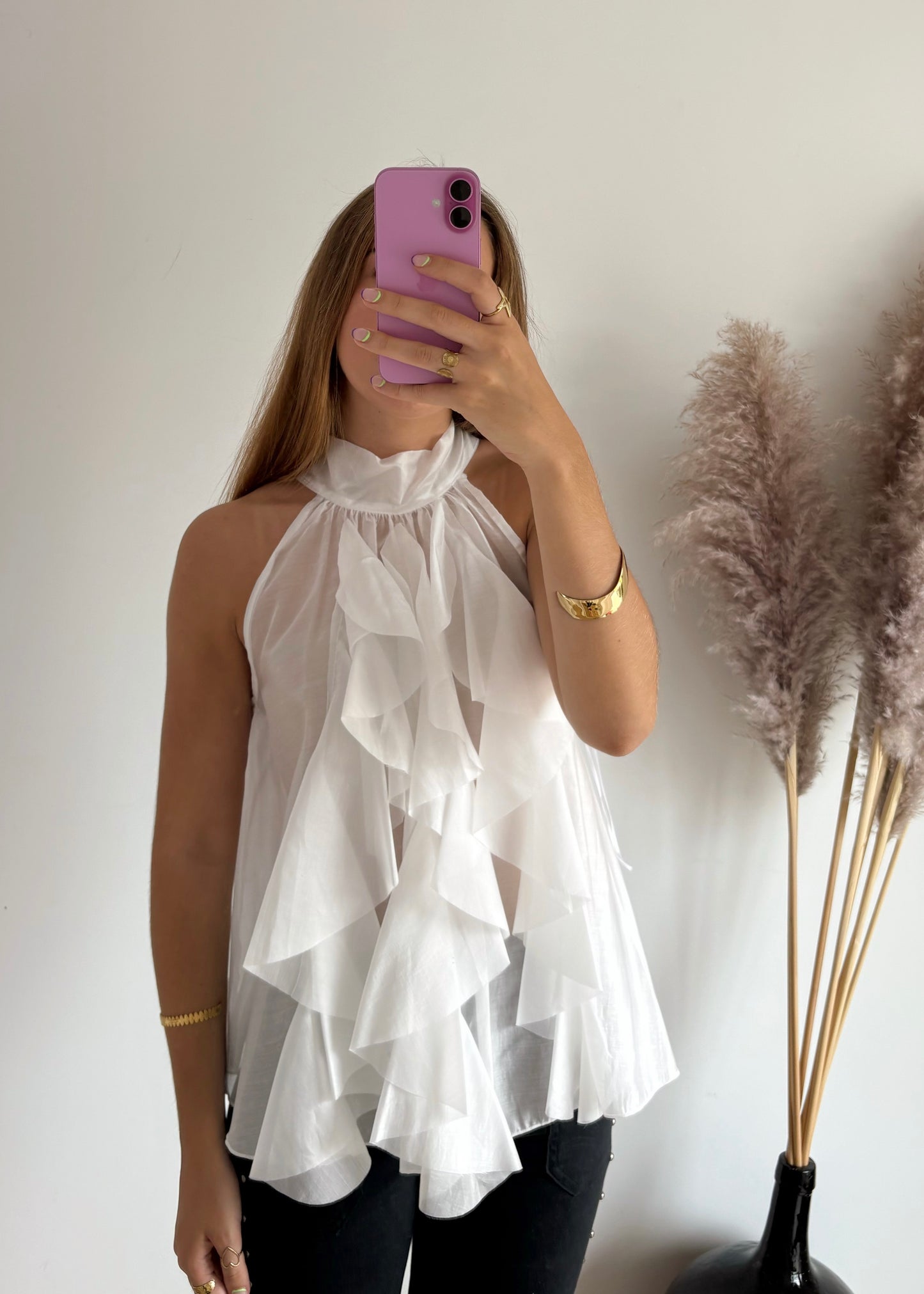 Blusa de Gola Alta com Folhos