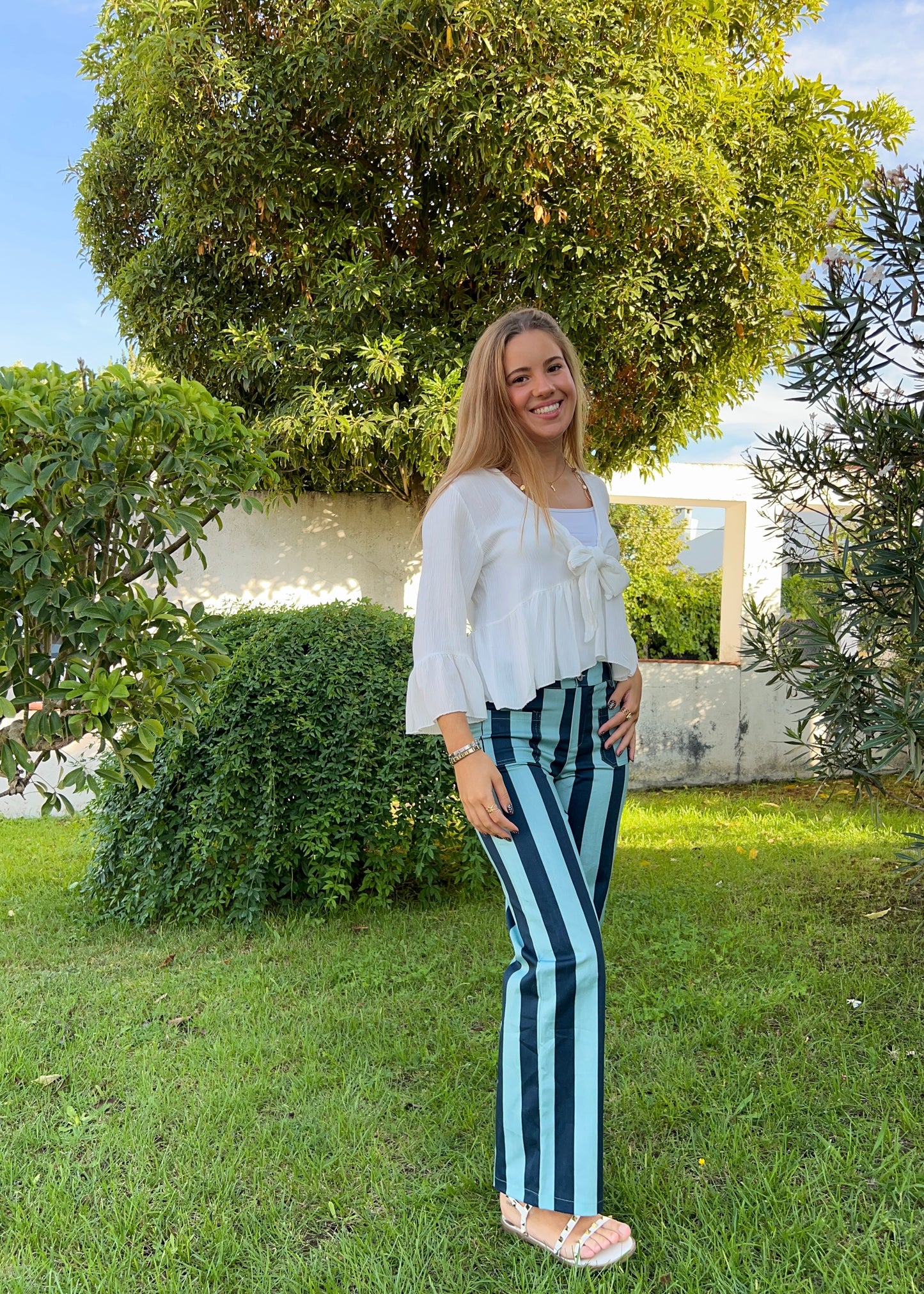 Calças de Riscas Azul