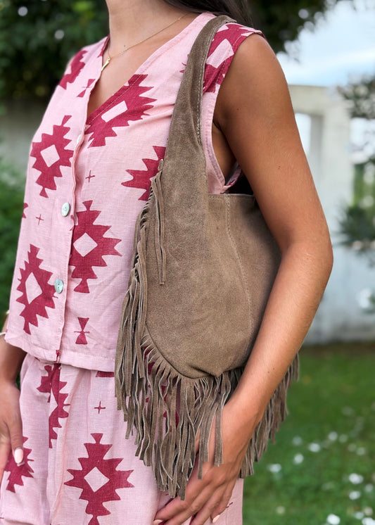 Mala Boho em Pele Taupe com Franjas 