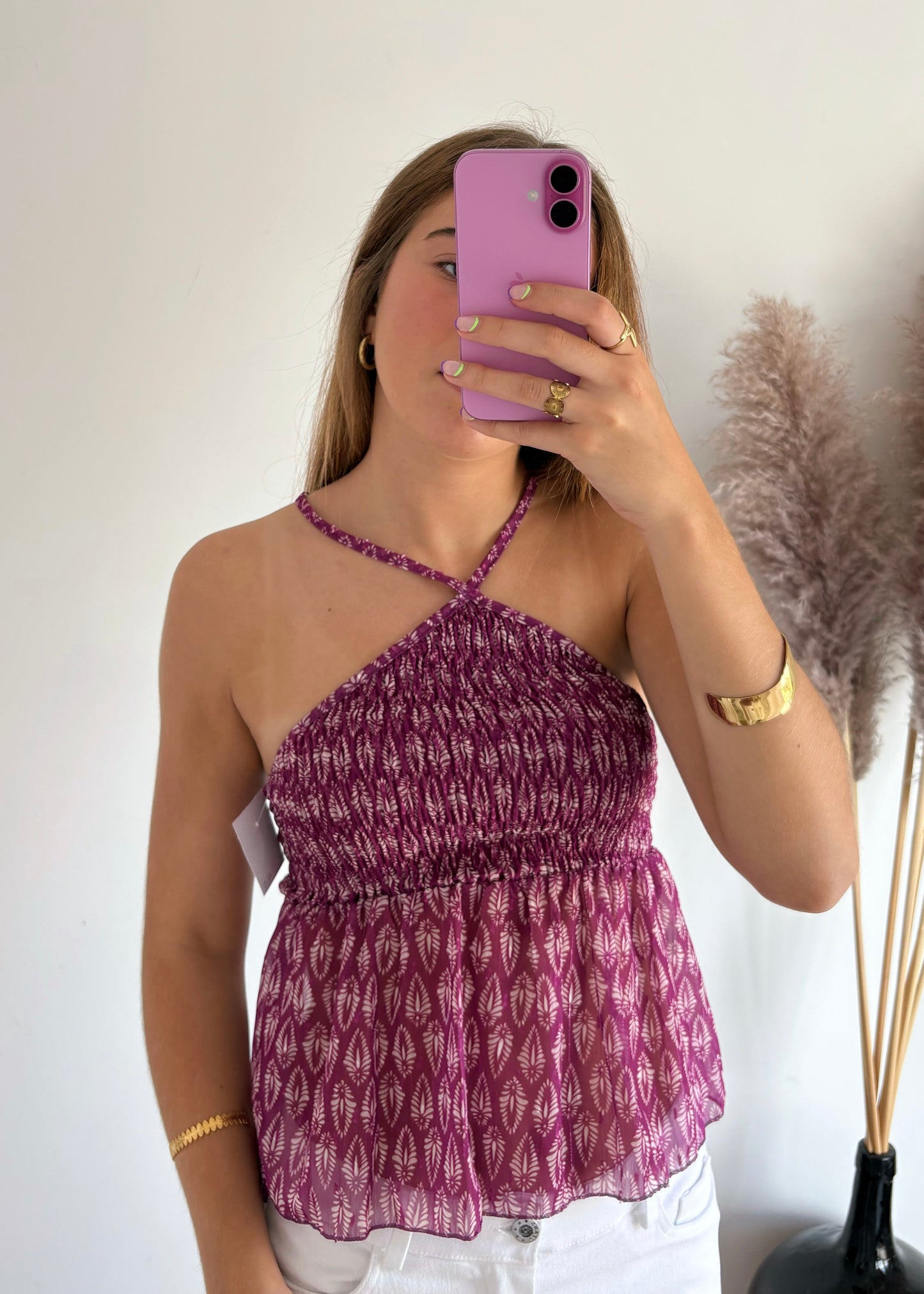Top Estampado com Franzido e Alças Cruzadas