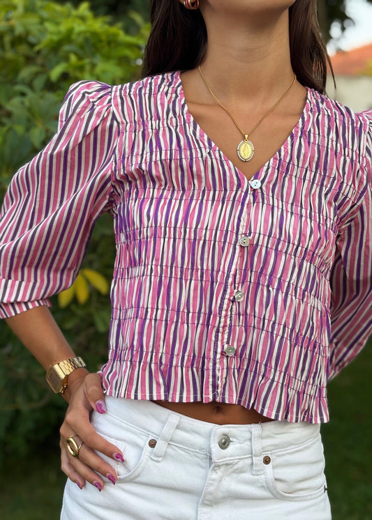 Blusa de Riscas com Botões Manga 3/4