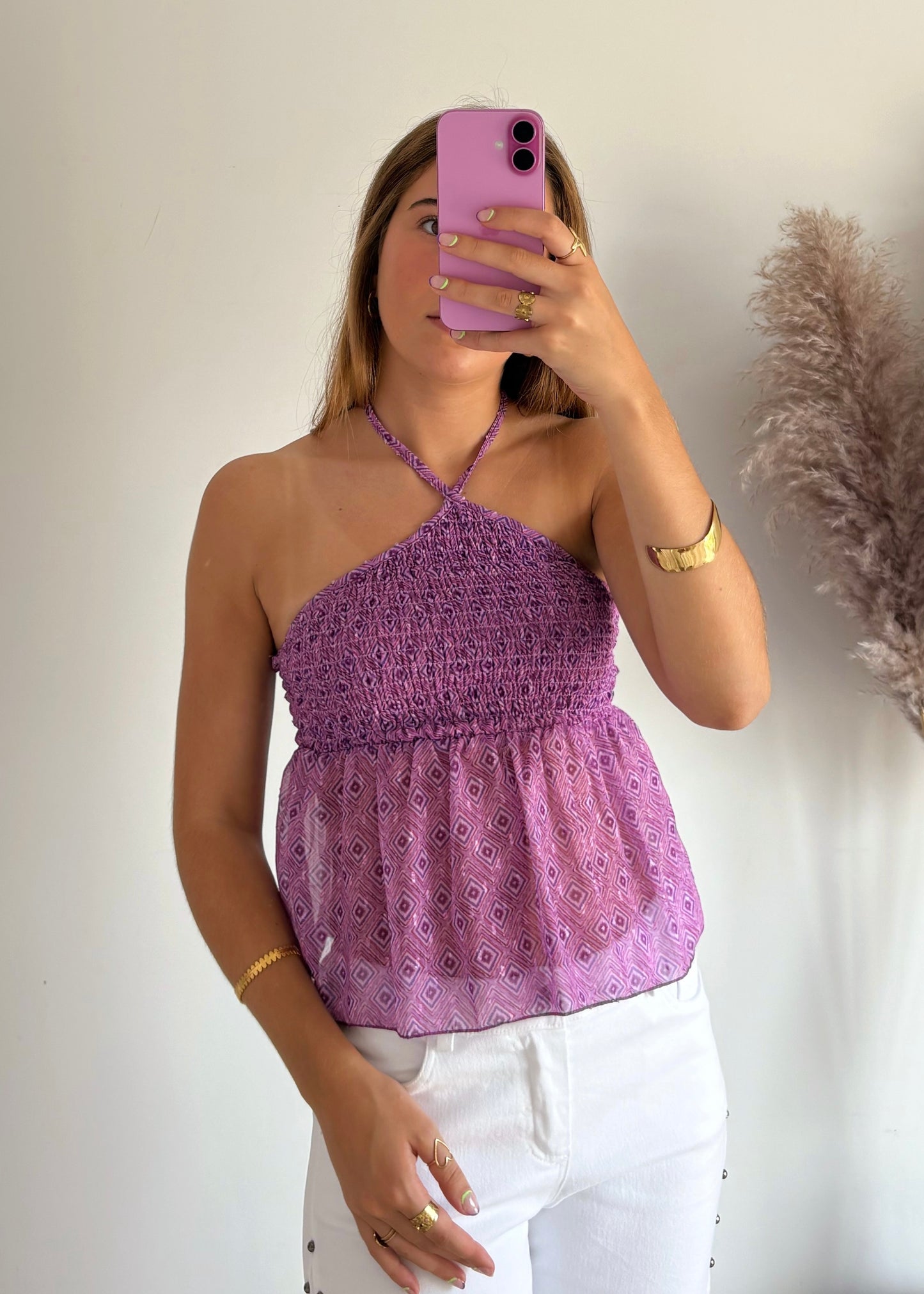 Top Estampado com Franzido e Alças Cruzadas