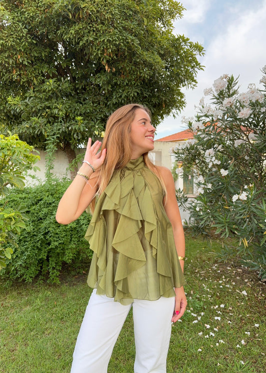 Blusa de Gola Alta com Folhos