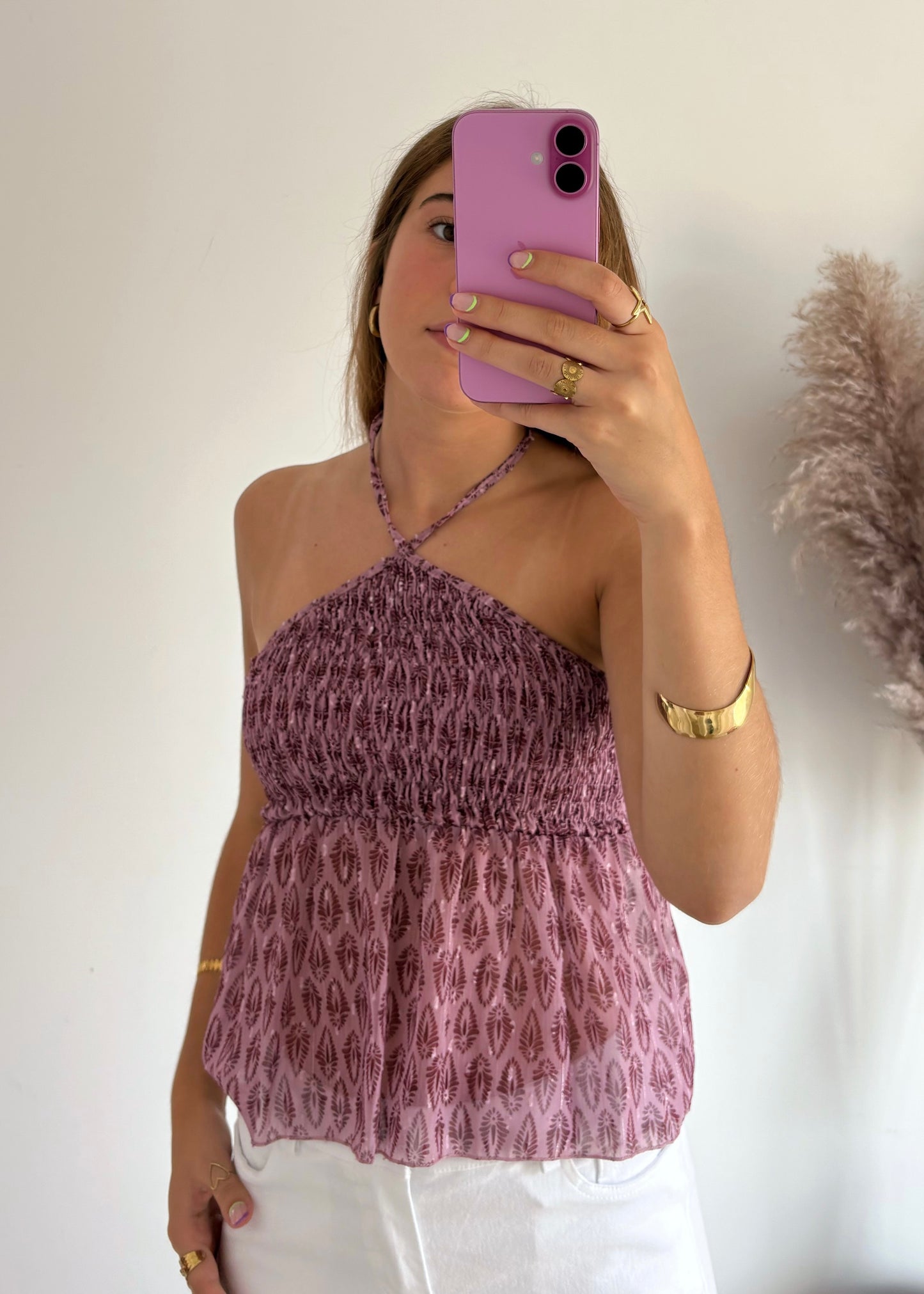 Top Estampado com Franzido e Alças Cruzadas