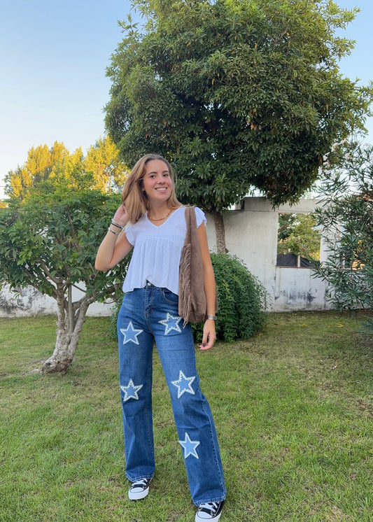 Calças de Ganga com Estrelas Bordadas