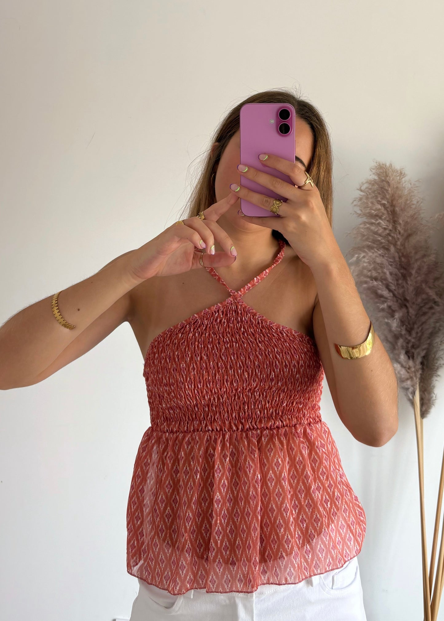 Top Estampado com Franzido e Alças Cruzadas