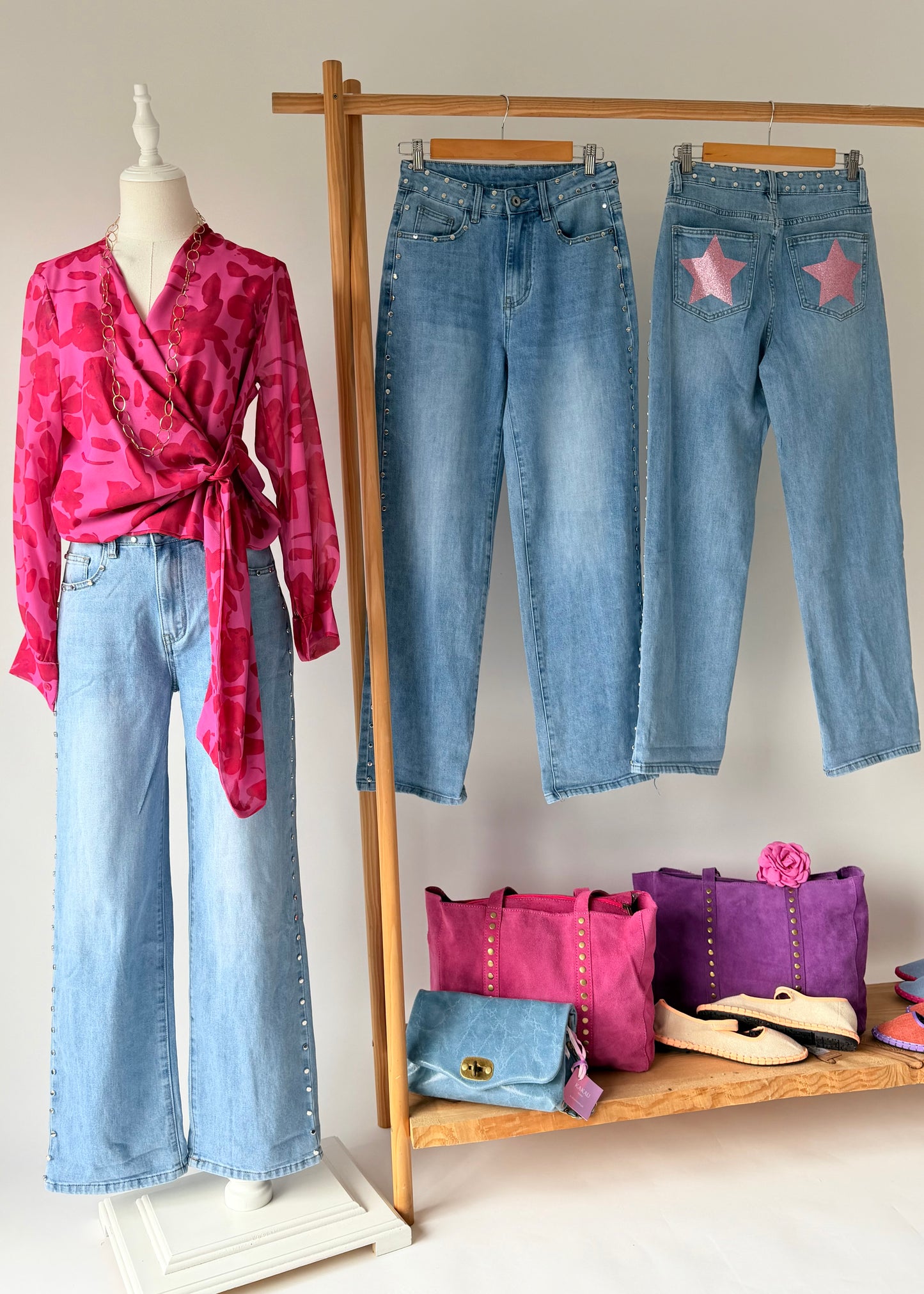 calcas ganga tachas estrelas rosa kakau store