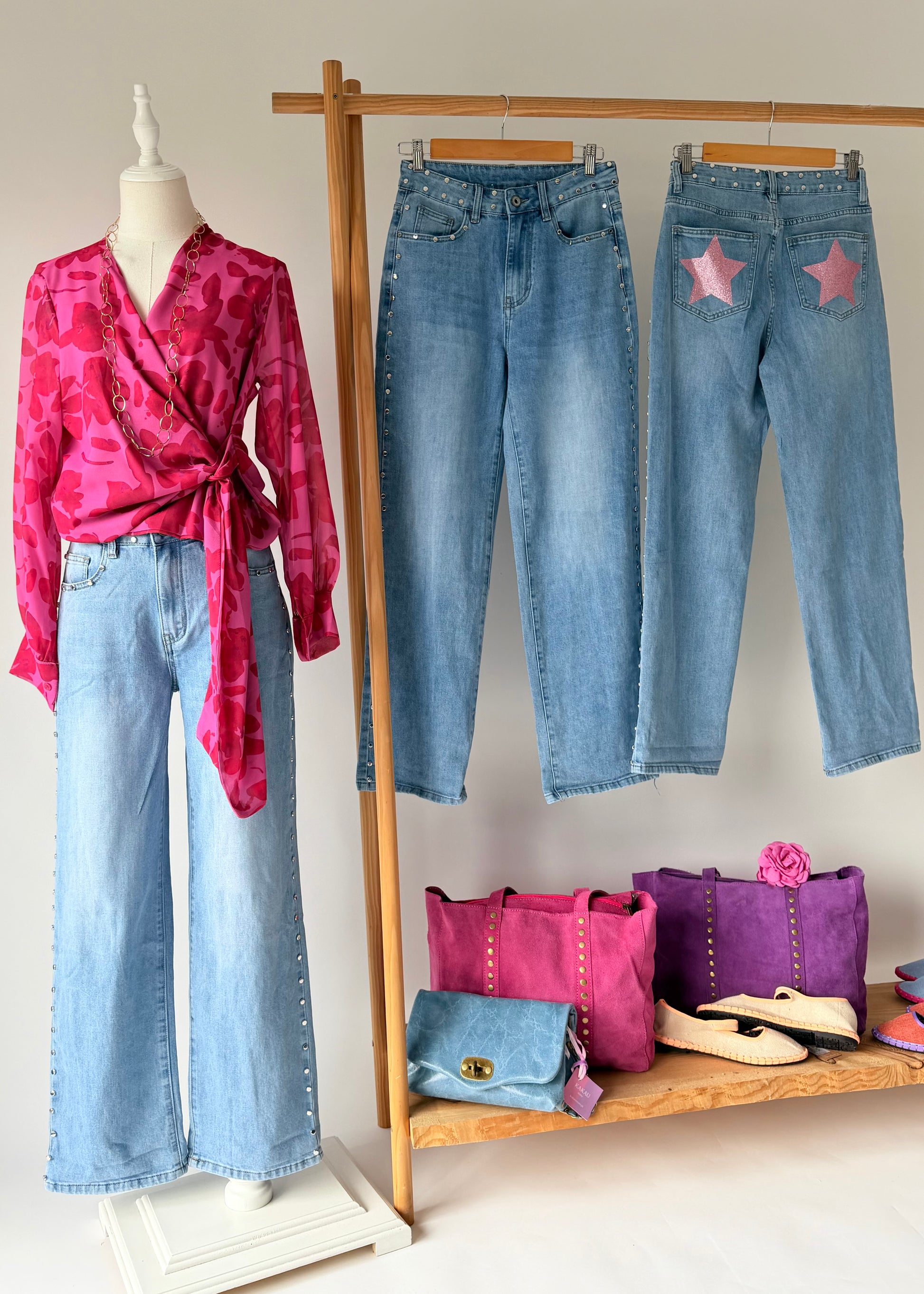 calcas ganga tachas estrelas rosa kakau store