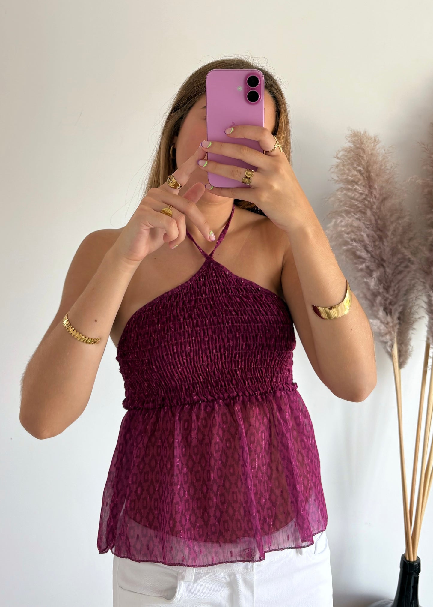 Top Estampado com Franzido e Alças Cruzadas