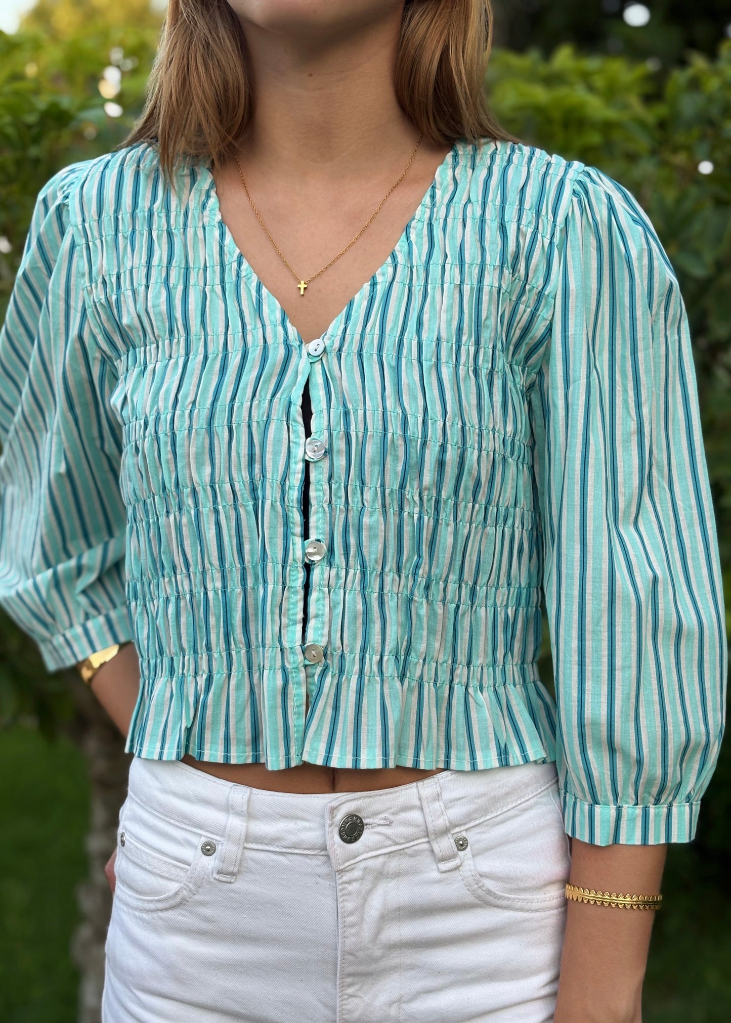 Blusa de Riscas com Botões Manga 3/4