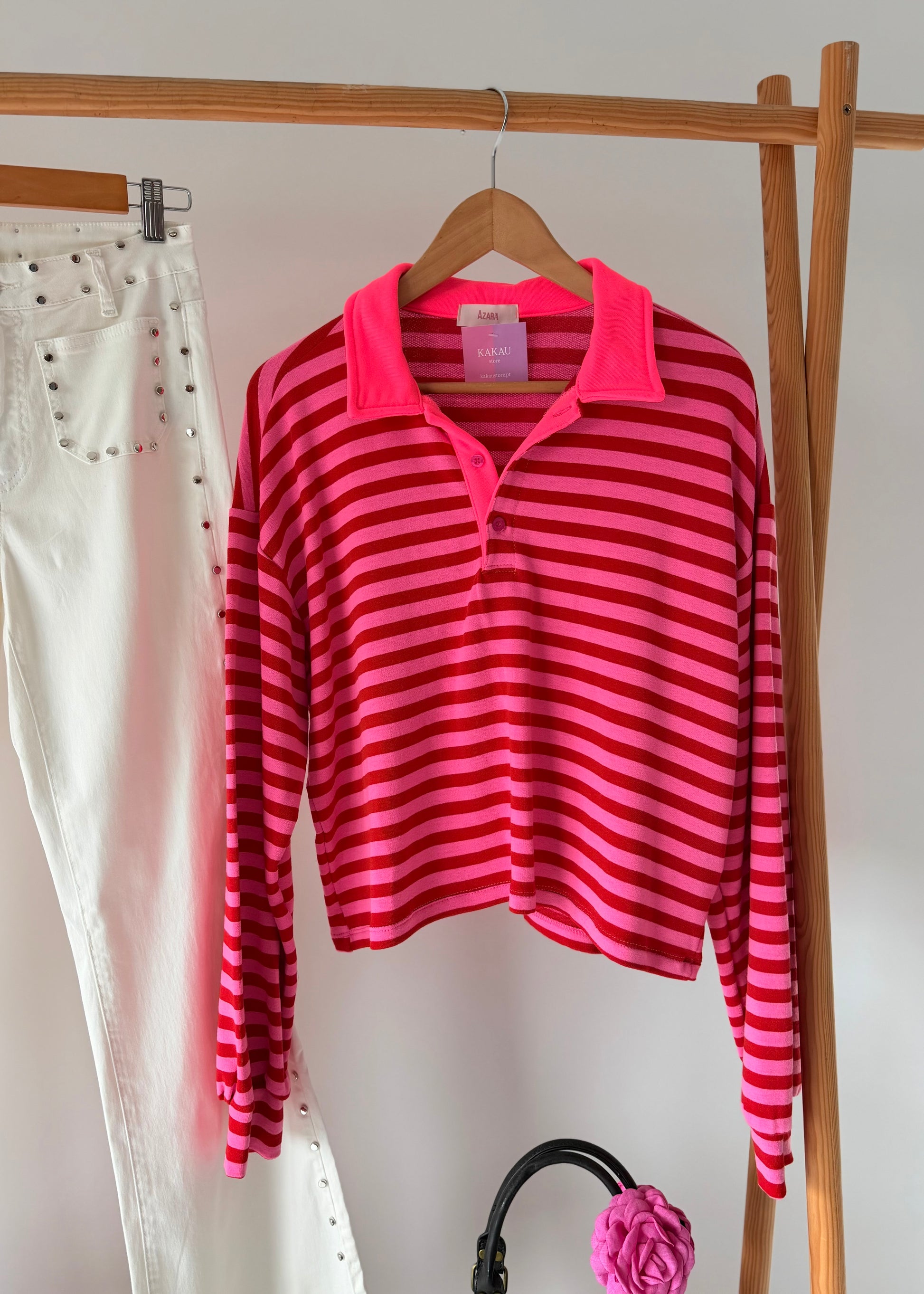 camisola polo feminina riscas gola manga comprida kakau store