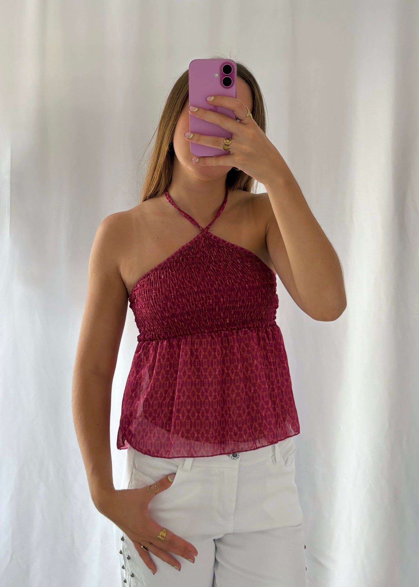 Top Estampado com Franzido e Alças Cruzadas