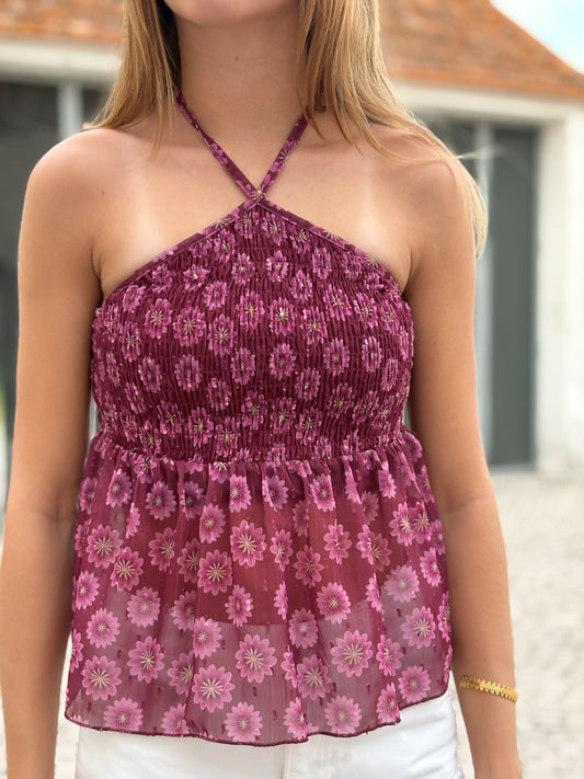 Top Estampado com Franzido e Alças Cruzadas