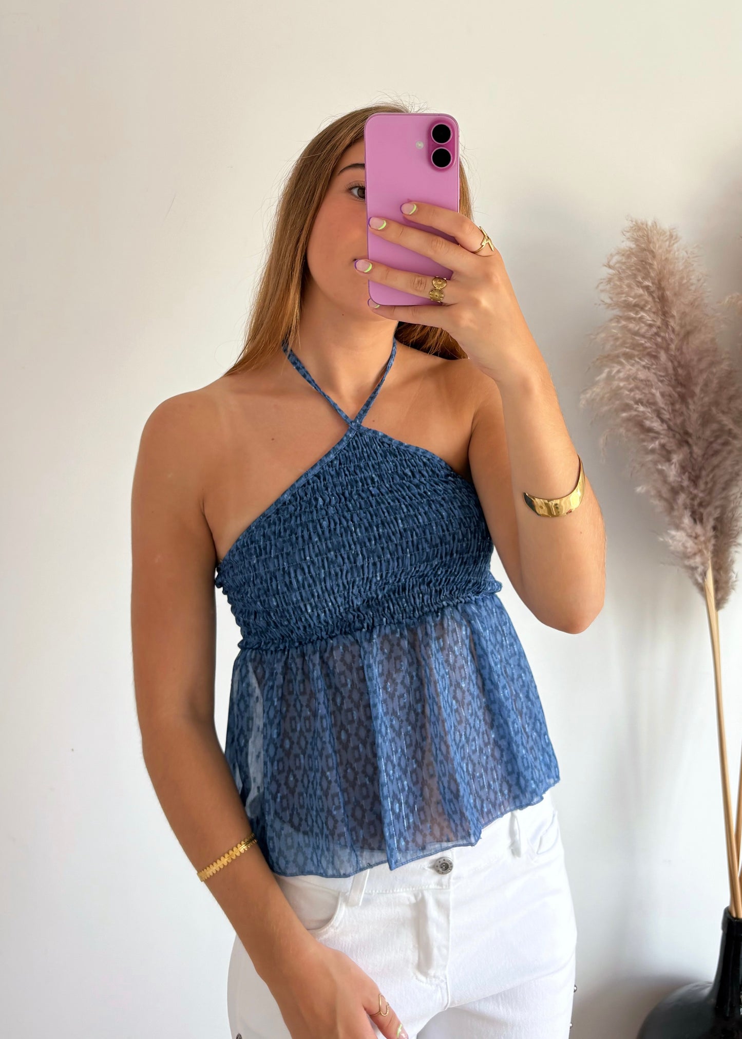 Top Estampado com Franzido e Alças Cruzadas
