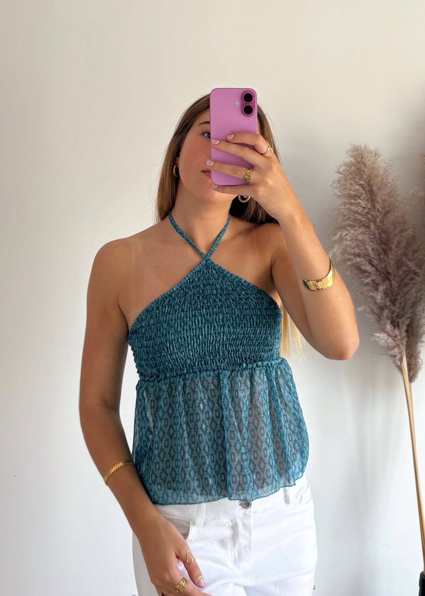 Top Estampado com Franzido e Alças Cruzadas