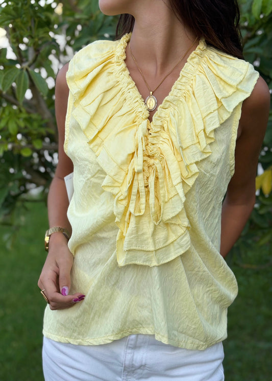 Blusa Amarela com Folhos no Decote
