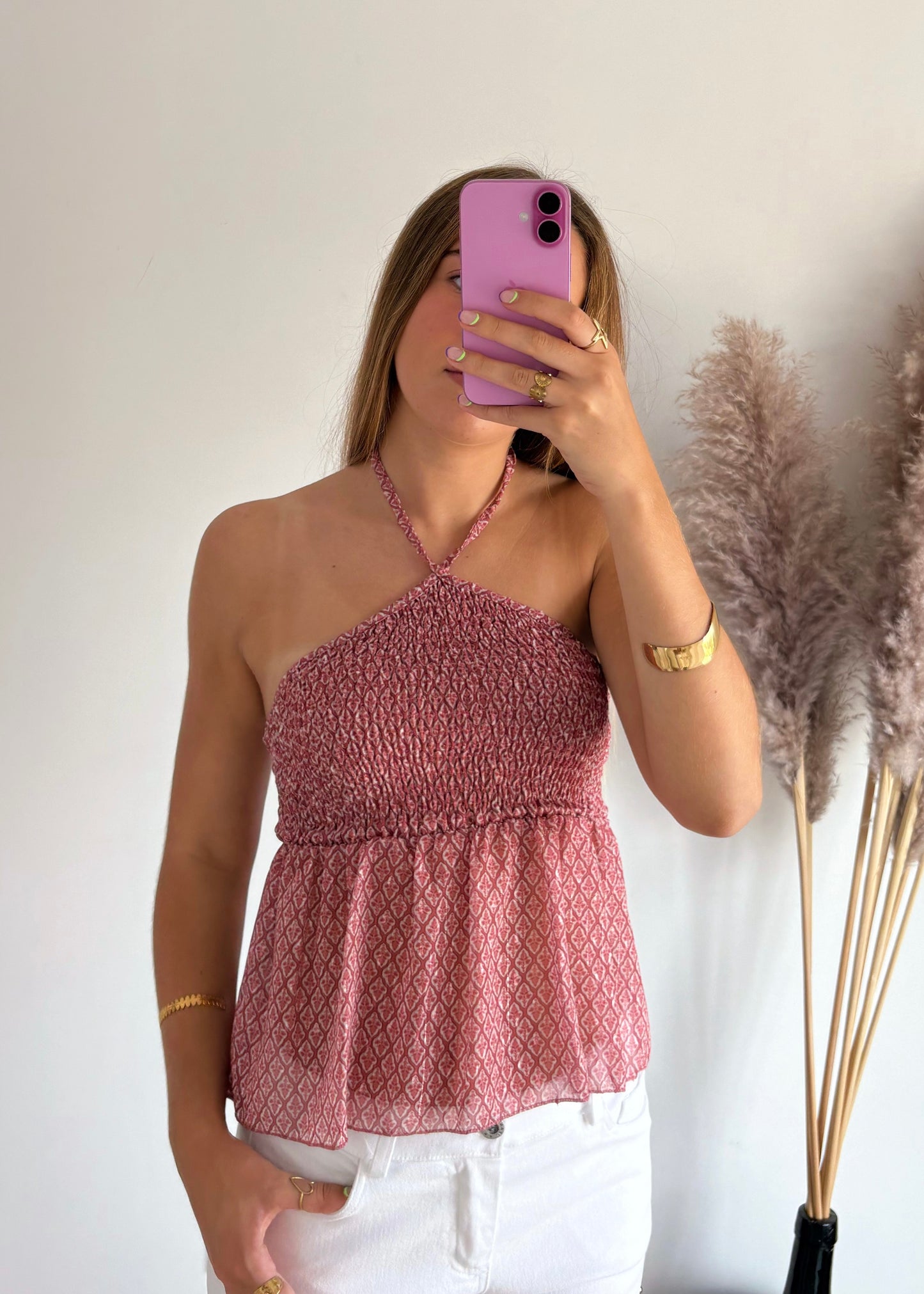 Top Estampado com Franzido e Alças Cruzadas