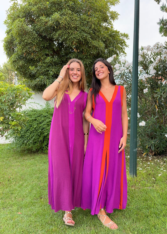 Vestido Comprido Bicolor com Decote em V