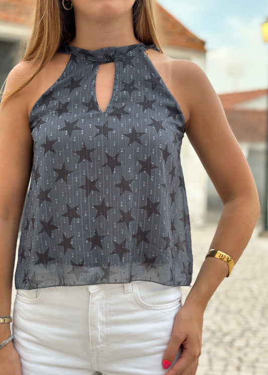 Top Estampado com Abertura Frontal