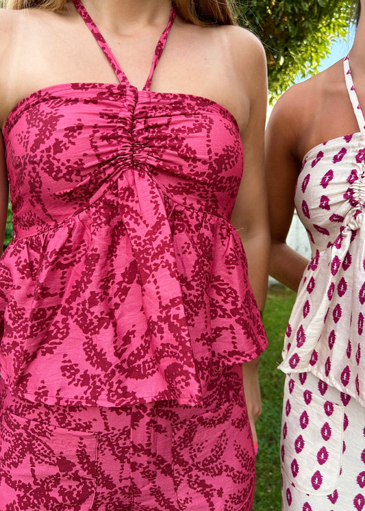 Top Estampado com Alça ao Pescoço e Detalhe Franzido