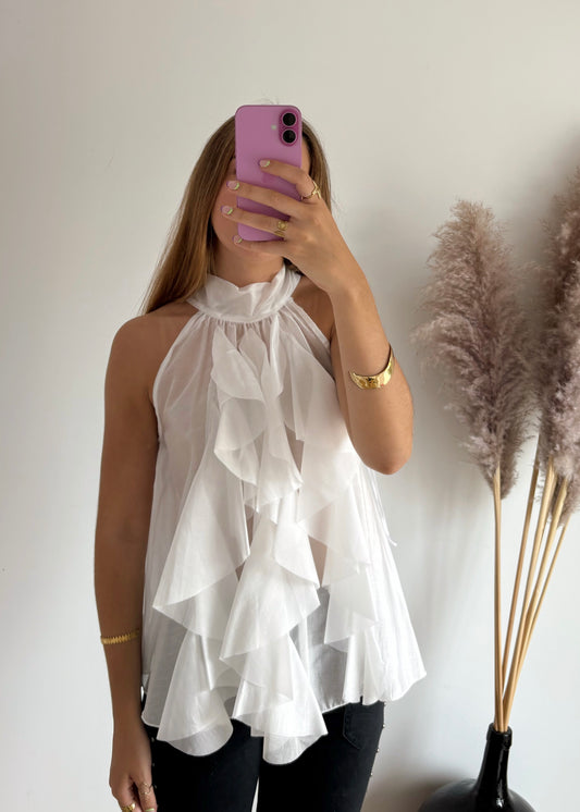 Blusa de Gola Alta com Folhos