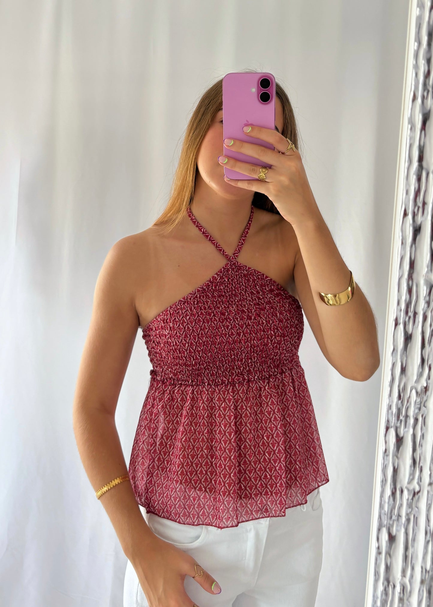 Top Estampado com Franzido e Alças Cruzadas