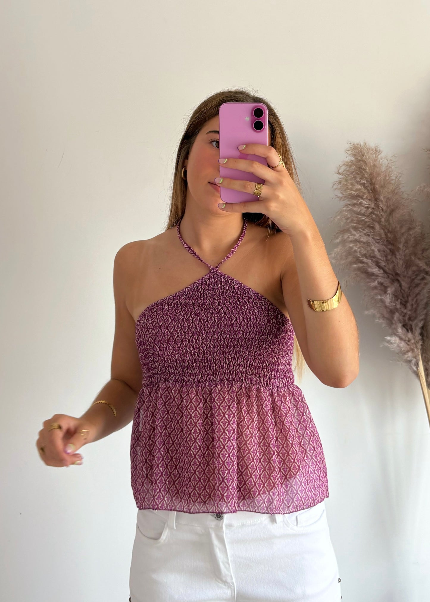Top Estampado com Franzido e Alças Cruzadas