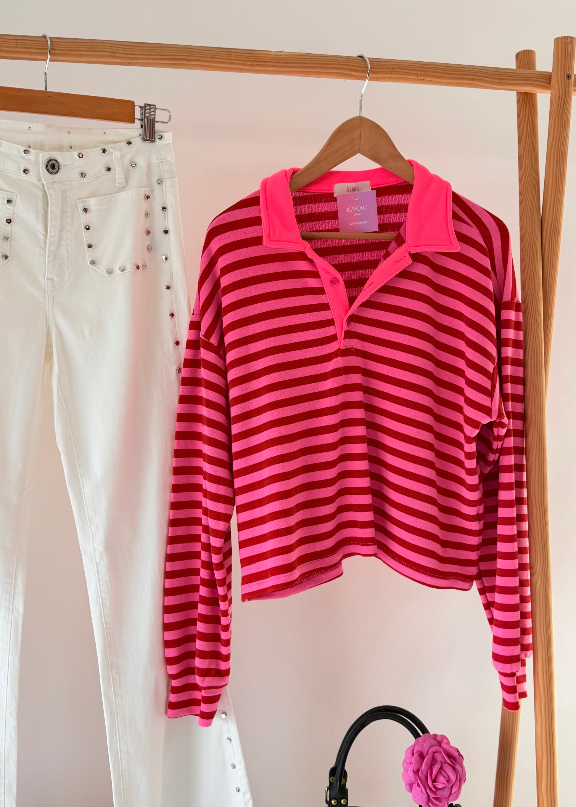 camisola polo feminina riscas gola manga comprida kakau store