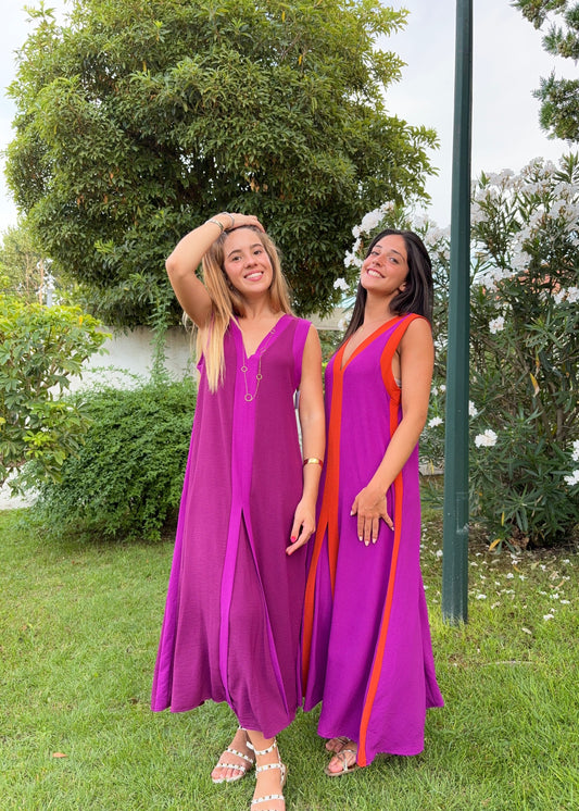 Vestido Comprido Bicolor com Decote em V